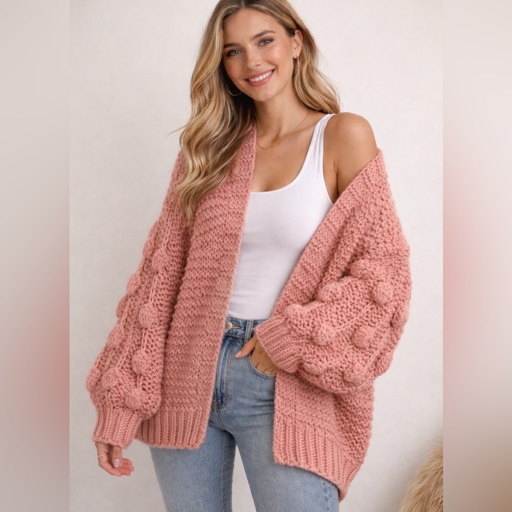 Like New! Bubble Sleeve Chunky Knit Open Front Vintage Pink Cardigan